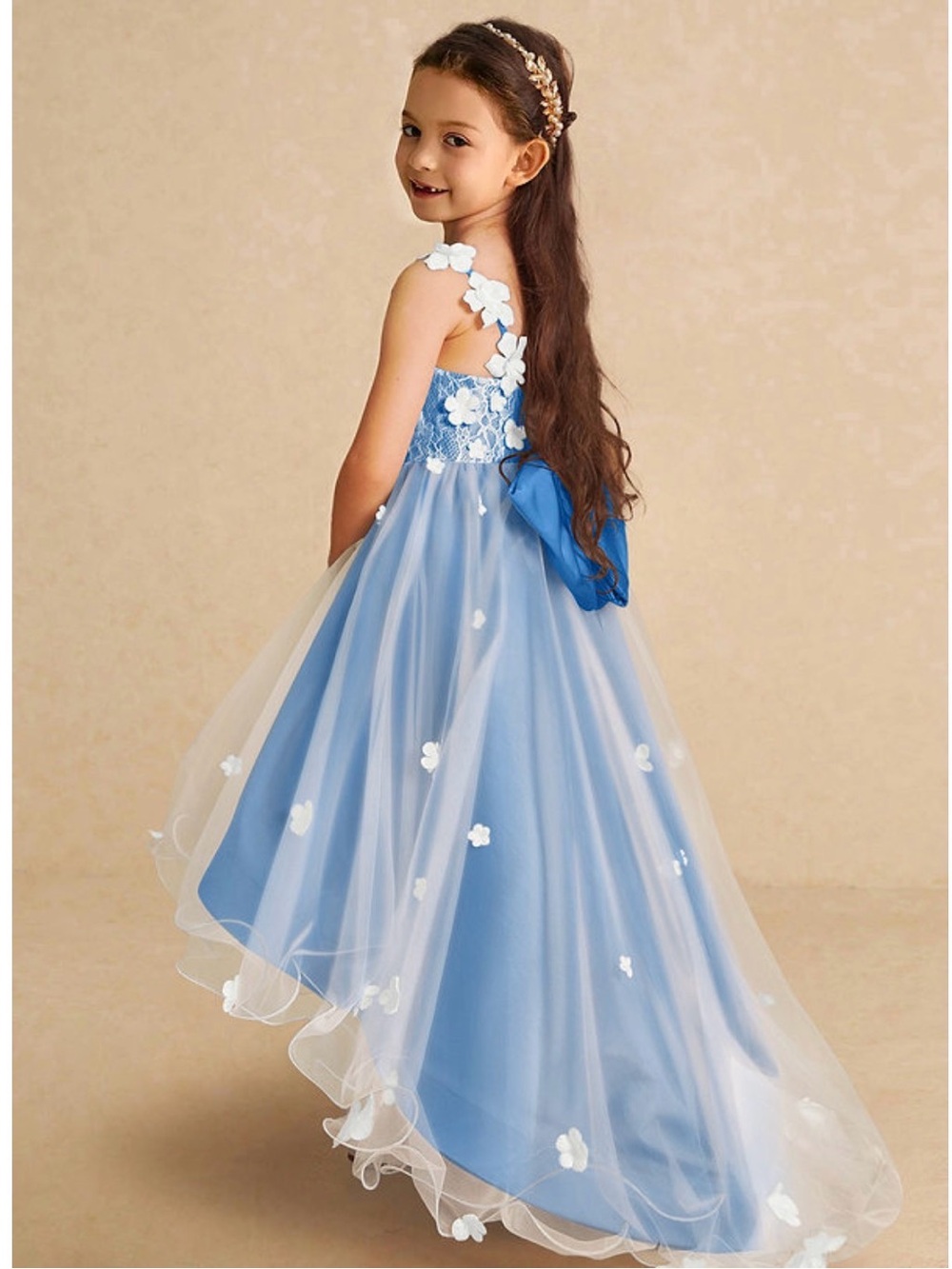 Azazie Blue and White Floral Tulle Flower Girl Dress